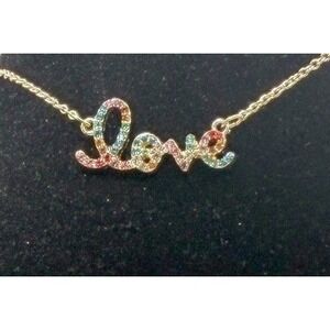 Multicolor Rhinestone Love Spellout Necklace 18" + Stud Earrings Gift Set NIB